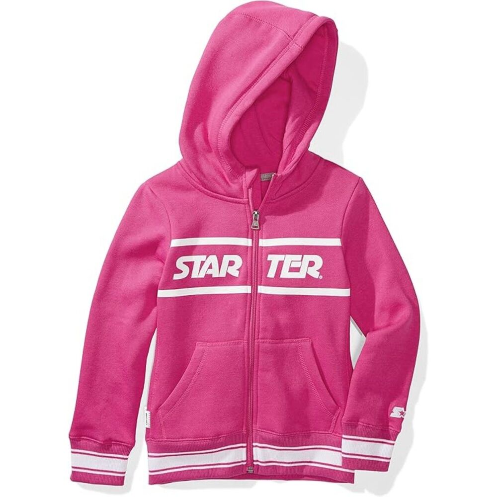 Starter Girls' Zip-Up Logo Hoodie Pink with Striped Rib M (7/8)
